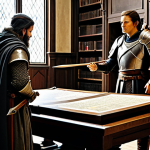 A diverse group of fantasy adventurers, fully clothed in modest, professional-grade adventuring attire, stand together in a grand, ancient library, consulting a detailed strategic map laid out on a large wooden table. The group consists of a burly warrior, a nimble archer, and a wise mage, each embodying distinct attribute philosophies and roles for a balanced team. The warrior wears sturdy plate armor, the archer is in practical leather and cloth, and the mage is dressed in elegant yet functional robes. Their expressions are thoughtful and focused on collaboration. The library background features tall bookshelves filled with ancient tomes and soft, ambient light filtering through high windows. Perfect anatomy, correct proportions, natural poses, well-formed hands, proper finger count, natural body proportions. High-resolution, professional fantasy photography, appropriate content, safe for work, fully clothed, family-friendly.