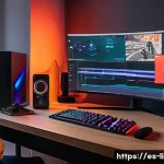 리니지W 글로벌 서버 접속 팁 - A detailed, modern gaming setup in a cozy Spanish apartment, featuring a young adult male sitting at...