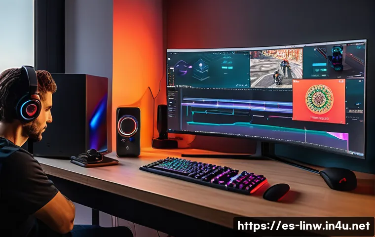 리니지W 글로벌 서버 접속 팁 - A detailed, modern gaming setup in a cozy Spanish apartment, featuring a young adult male sitting at...