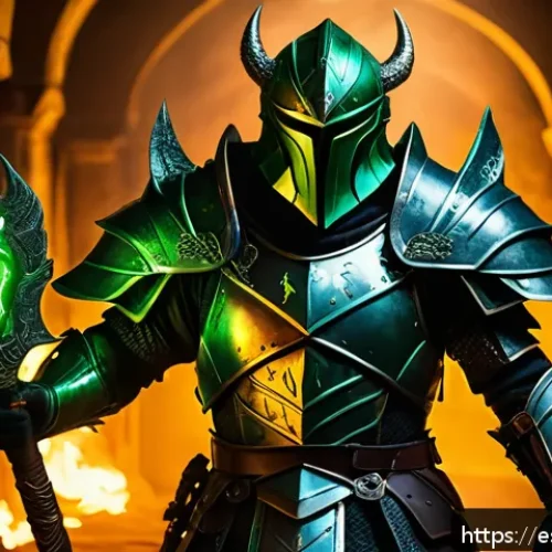 리니지W 보스 드랍 아이템 - A heroic warrior clad in heavy, intricately detailed armor with glowing green poison resistance rune...