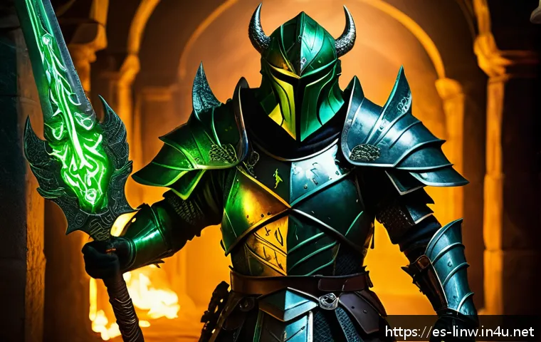 리니지W 보스 드랍 아이템 - A heroic warrior clad in heavy, intricately detailed armor with glowing green poison resistance rune...