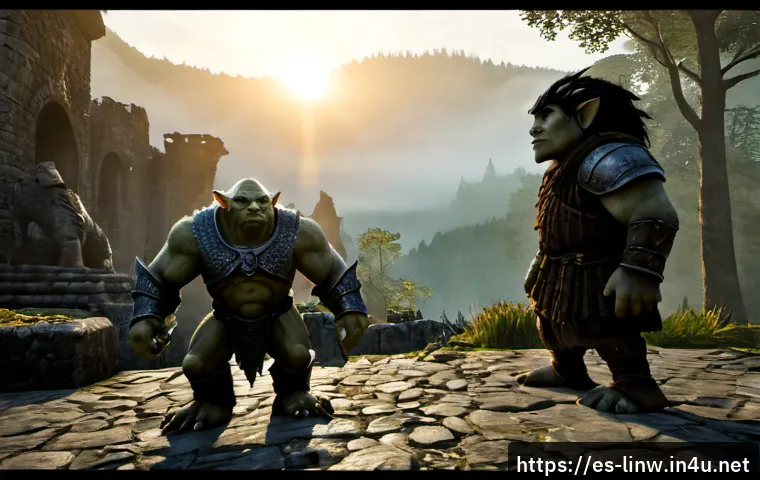 리니지W 몬스터 등급 분류 - Photorealistic medieval fantasy game scene showing a clear monster rank comparison: a small goblin i...